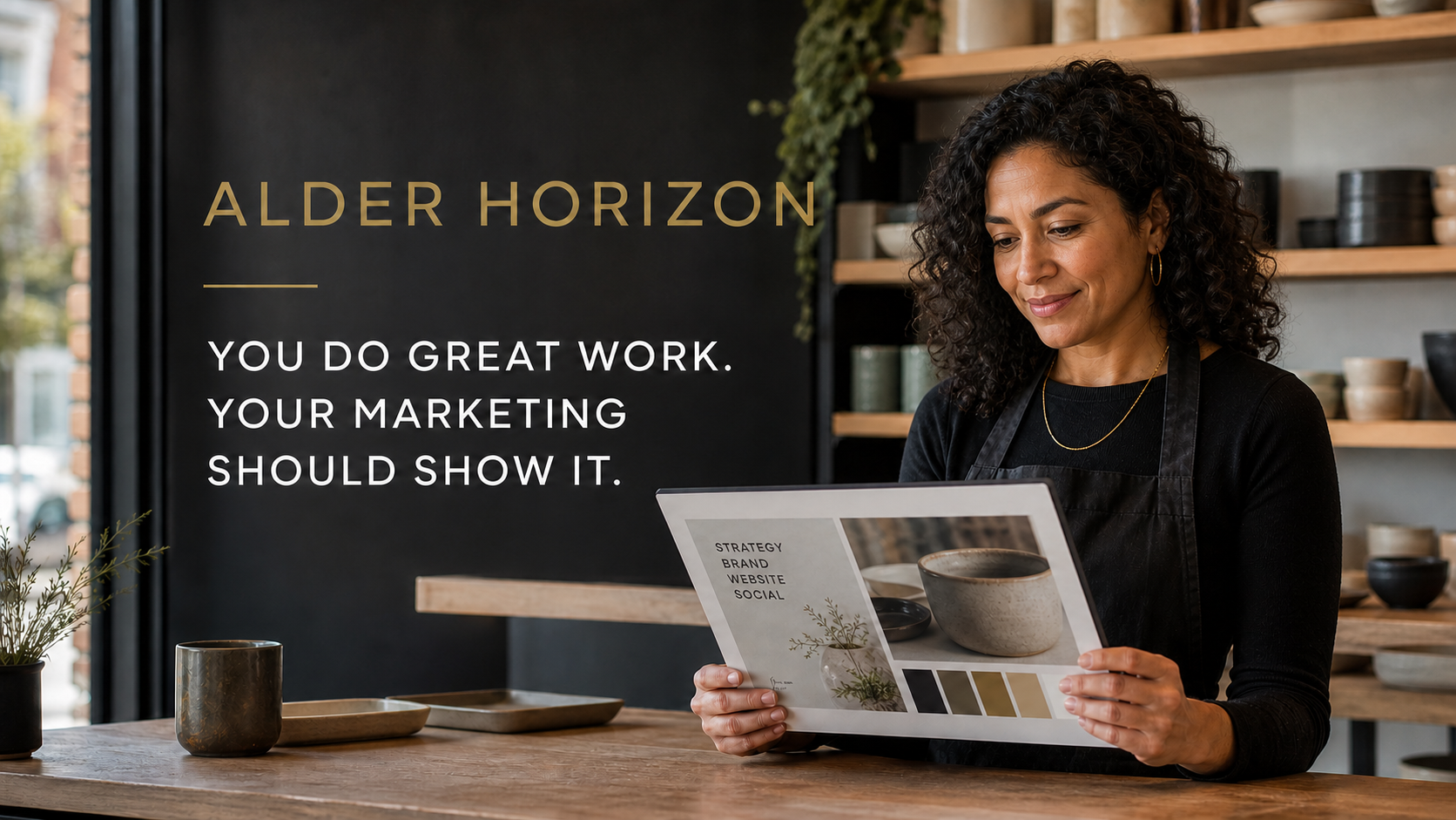 A local business owner reviewing a polished marketing presentation