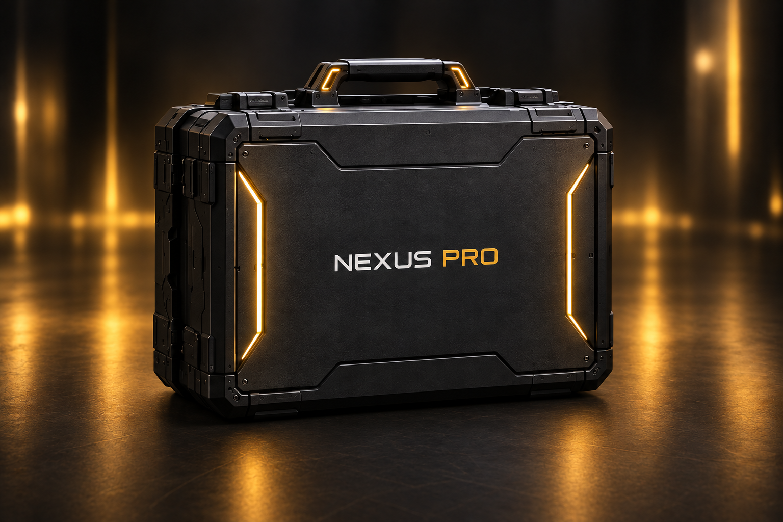 AI concept rendering of the closed black NEXUS PRO case with warm gold exterior light strips, handle and latches