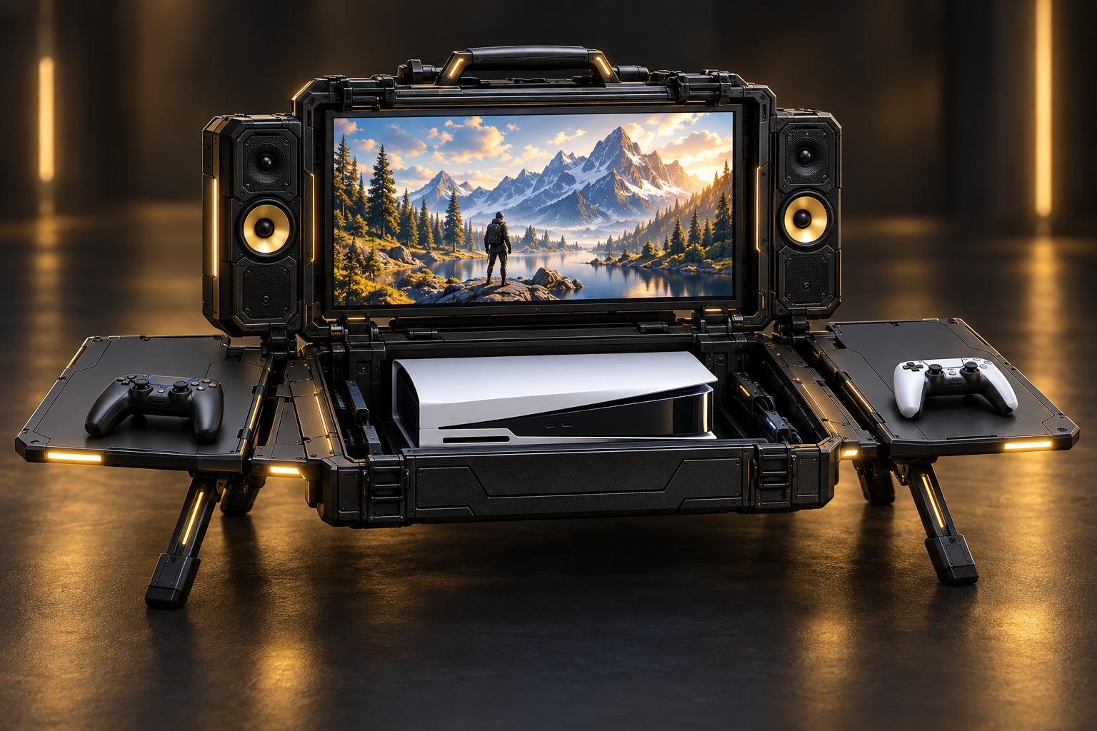AI concept illustration of NEXUS PRO with a screen, stereo speakers, controller surfaces and folding legs