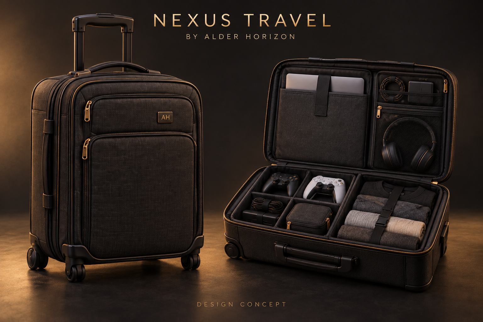NEXUS Travel AI concept: black rolling luggage with gold accents, shown closed and open with organized gaming gear and clothing