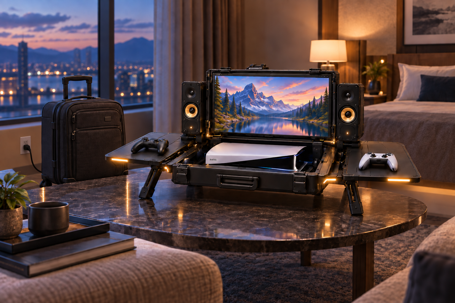 AI concept rendering of an open NEXUS PRO gaming station on a low table in a hotel room at dusk
